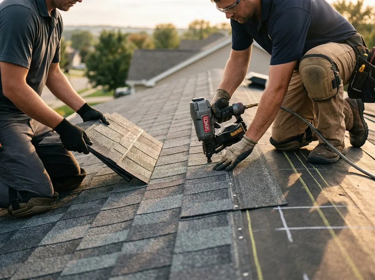 Professional roofer working on a residential roof in Greencastle